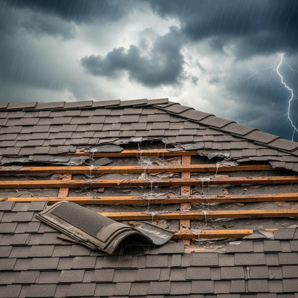 Close-up of a damaged roof showing missing shingles and water damage