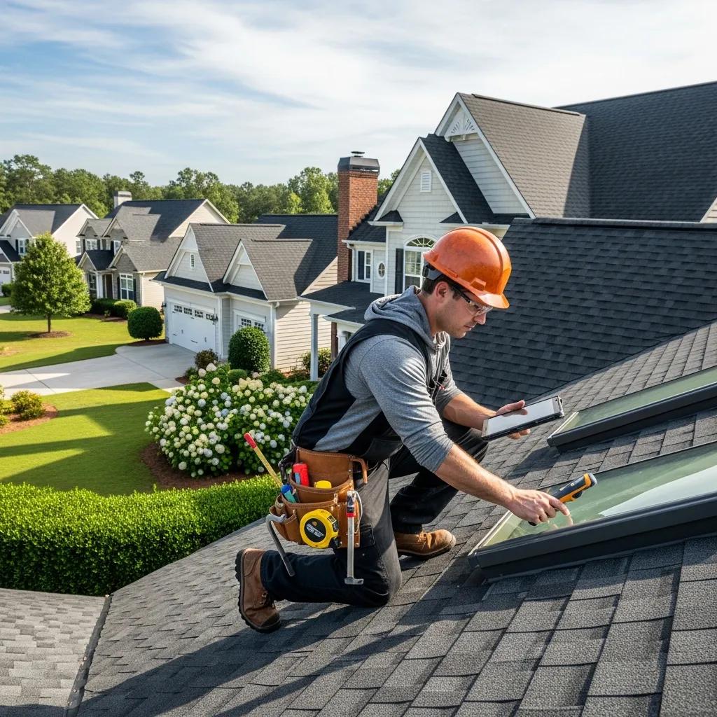 Professional roofing contractor inspecting a residential roof in Fayetteville, NC