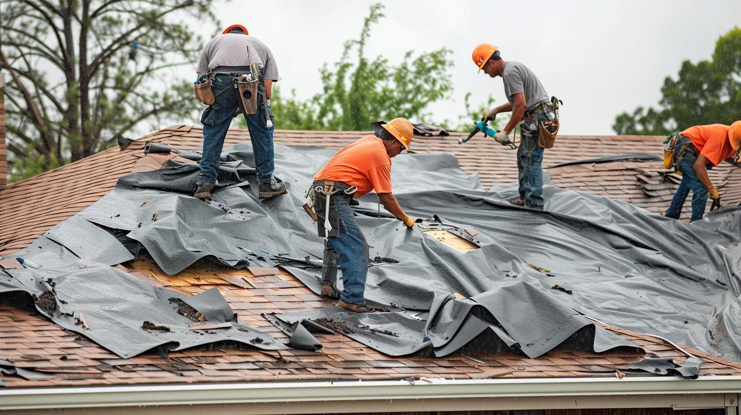 Roofing team performing emergency repairs on a storm-damaged roof