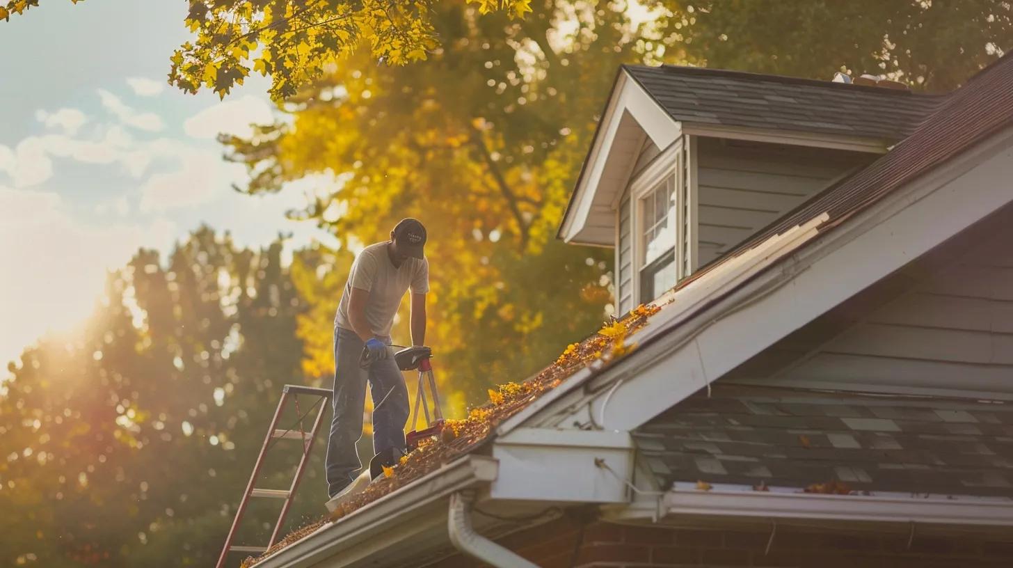 Homeowner performing routine roof maintenance by clearing debris and inspecting shingles